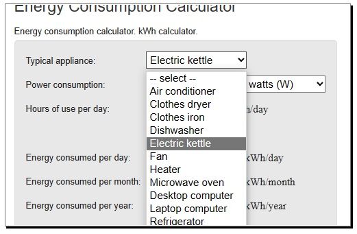 Estimate energy consumption for items in the shed running on solar power.